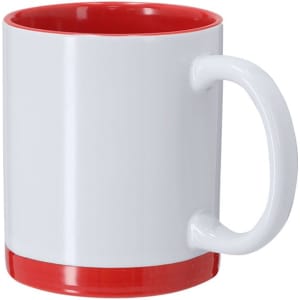 A white mug with a red interior and base, featuring a curved handle. It has a logo on one side.