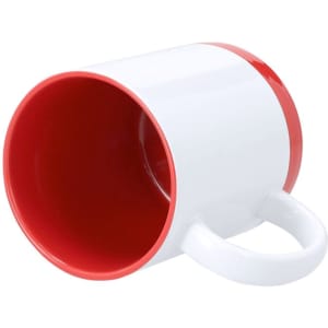 A coffee mug with a white exterior and a vibrant red interior, featuring a handle and a simple design.