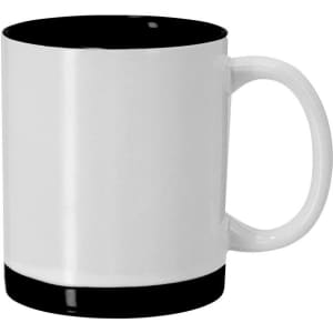 A drinkware mug featuring a white body with a black interior and base, including a handle.