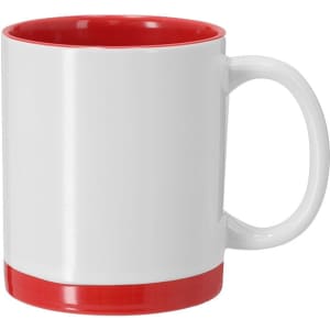 A coffee mug with a white exterior and a red interior and base, featuring a branding logo.