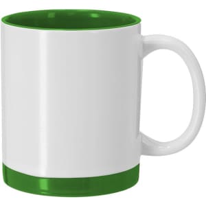 A coffee mug in white with a green interior and bottom, featuring a handle and a simple design.