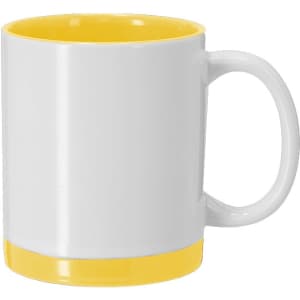 A coffee mug featuring a white exterior with a yellow interior and base, and a handle. It has a logo.