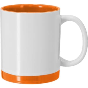 A coffee mug featuring a white exterior with an orange interior and base, complete with a handle and branding.