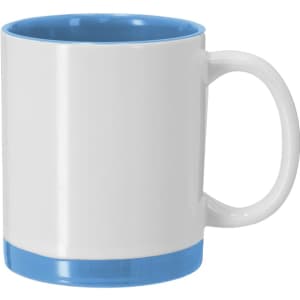 A white coffee mug with a bright blue interior and base, featuring a smooth handle and a simple design.