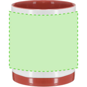 A coffee mug with a white body and a red interior and base, featuring a blank section for custom design or branding.