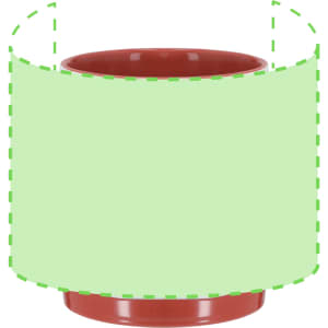A coffee mug with a glossy red finish and a blank green area for custom designs.