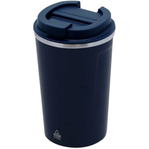 A travel mug with a navy blue exterior, featuring a removable lid and silver detailing. It has a logo on the base.