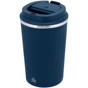A drink bottle in navy blue with a stainless steel rim and a lid featuring a sliding opening. It has a logo on the base.