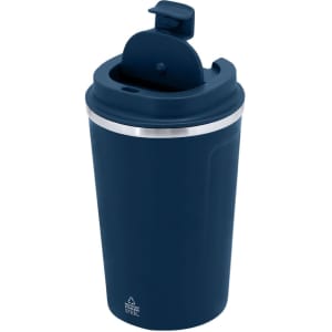 A drink bottle in navy blue with a stainless steel band and a flip-top lid. It features a logo on the side.