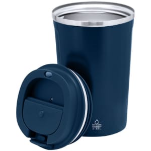 A drink bottle in navy blue, made of stainless steel, with a removable lid featuring a logo.