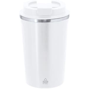 A drink bottle in white stainless steel with a lid, featuring a sleek design and a logo.