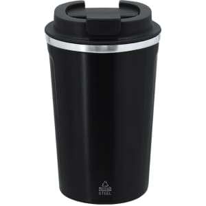 A drink bottle featuring a black insulated exterior with a silver rim and a black lid, includes a logo.