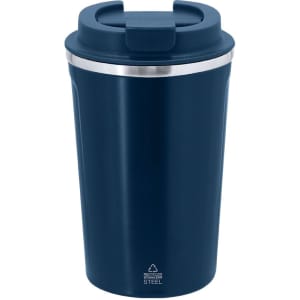A drink bottle in navy blue with a stainless steel rim and a lid. It features a logo.