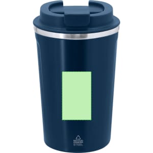 A travel mug in navy blue with a stainless steel rim and a lid, featuring a blank area for customisation.