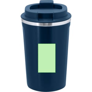 A drink bottle in navy blue with a silver band and a lid, featuring a blank space for branding.