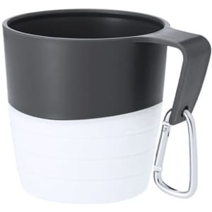A foldable cup in black and white with a handle and carabiner attachment. Ideal for portable drinkware.