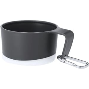 A foldable cup in black with a white base and a silver carabiner attachment, featuring a sleek design and a handle.