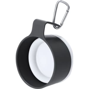 A foldable cup in black and white with a carabiner attached for easy carrying.