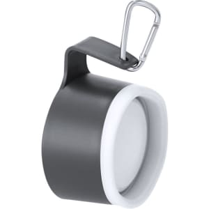 A grey foldable cup with a white rim and a metal carabiner for attachment. It features a logo on the surface.