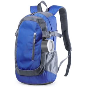 A blue and grey backpack featuring a side pocket with a drink cup holder and adjustable straps.