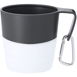 A foldable cup in black and white, featuring a carabiner for easy attachment. Includes a logo on the side.