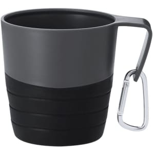 A foldable cup in grey and black with a carabiner attached for easy carrying.
