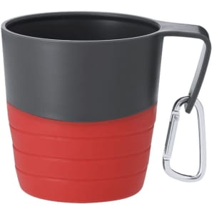 A foldable cup in black and red with a grey top and a silver carabiner attached. It has a smooth, modern design.