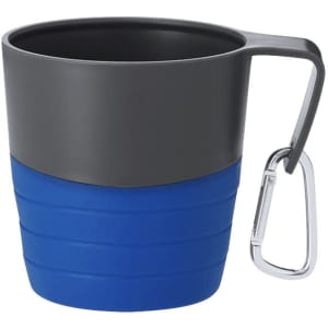 A foldable cup with a grey top section and blue bottom, featuring a silver carabiner for easy attachment.