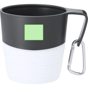 A foldable cup in black and white with a carabiner attachment, featuring a branding area. Ideal for travel and outdoor use.