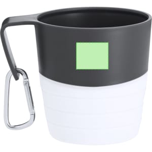 A foldable cup in black and white with a carabiner handle and a logo area.