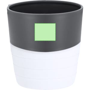 A foldable cup in grey and white, featuring a sleek design and a branding logo. Ideal for portable drinkware.