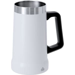 A drink bottle in white with a black handle, featuring a stainless steel interior and a simple, sleek design.