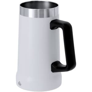 A drink bottle with a stainless steel interior, featuring a white exterior and a black handle. It has a logo.