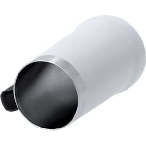 A drink bottle with a sleek white exterior, a silver stainless steel interior, and a black handle.
