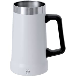 A drink bottle with a stainless steel interior and matte white exterior, featuring a black handle and a logo.