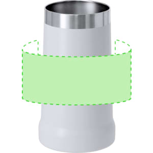 A drink bottle in white with a stainless steel interior and a decorative band around the middle.
