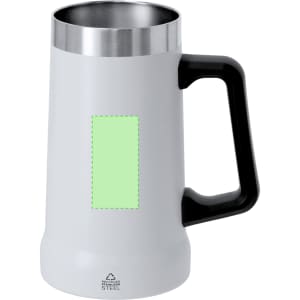 A drink bottle with a stainless steel interior, featuring a white exterior and a black handle. It has a logo area.