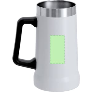 A drink bottle with a grey body and stainless steel top, featuring a black handle and a blank area for branding.