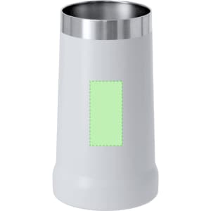 A drink bottle in grey with a stainless steel top. It features a blank section for custom branding.