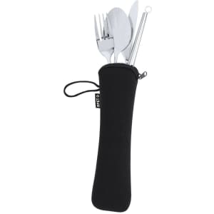 A sleek black carrying case containing a stainless steel cutlery set with a fork, knife, spoon, and straw.