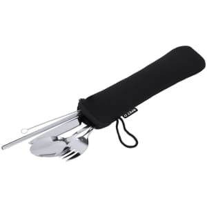 A portable black pouch containing stainless steel cutlery, including a spoon, fork, and straw with a cleaning brush.