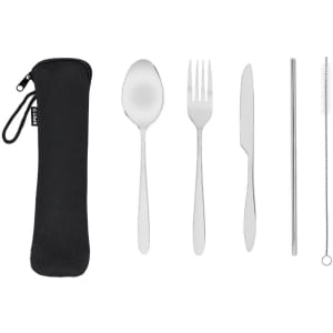 A cutlery set featuring stainless steel spoon, fork, knife, straw, and cleaning brush, all housed in a sleek black case.