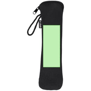A sleek black cutlery case with a green label area, featuring a zipper and a wrist strap.