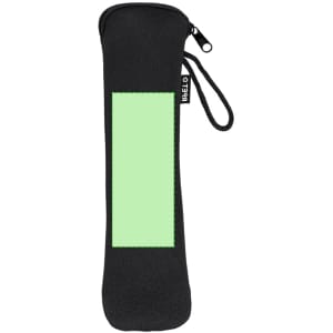 A black cutlery case with a green panel, featuring a zipper and a wrist strap. It has a logo on the side.