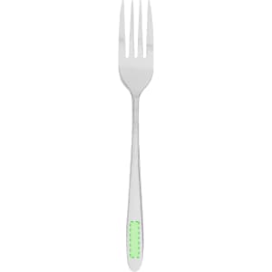 A stainless steel fork with a lime green handle accent and a simple design. It features a logo on the handle.