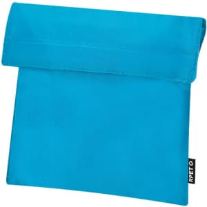 A turquoise thermal snack holder with a fold-over top and a small logo tag at the side.