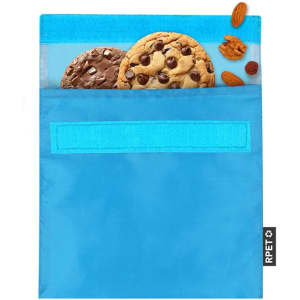 A turquoise thermal snacks holder with cookies and nuts peeking out, featuring a logo on the side.