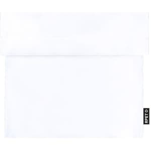A white thermal snacks holder featuring a fold-over top and a branding label on the side.
