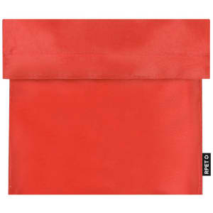 A red thermal snacks holder with a simple design, featuring a fold-over top and a logo on the side.