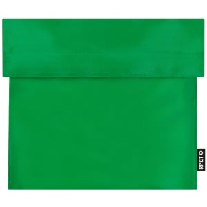 A green thermal snacks holder bag with a fold-over flap and a branding tag at the side.